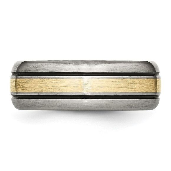 Kazi Luxury Titanium Antiqued & Brushed 14k Yellow Gold Inlay 8mm Grooved B&